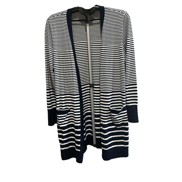 Chico's Striped Cardigan Duster Sweater Knit Pockets Button Front Size 2 (12/L) - Picture 1 of 14